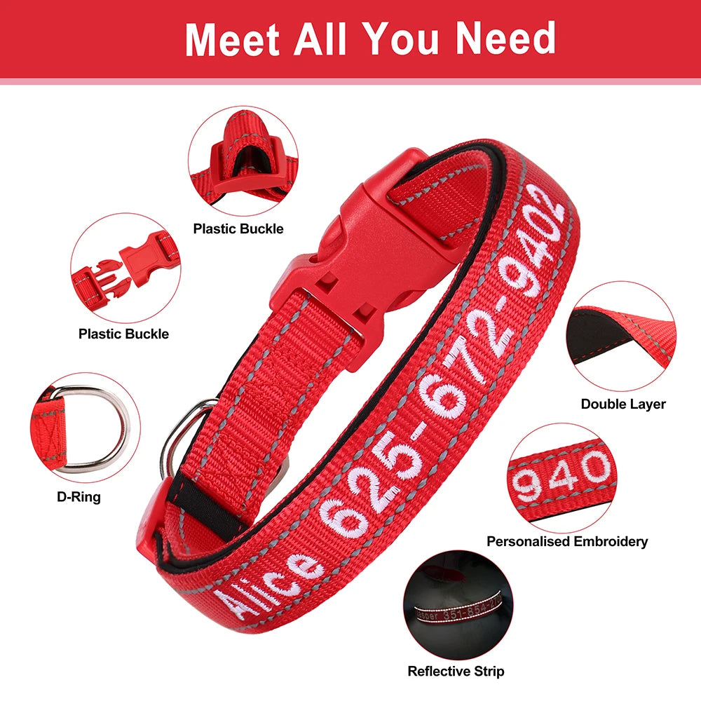 Collar reflectivo de nylon para perros con nombre bordado