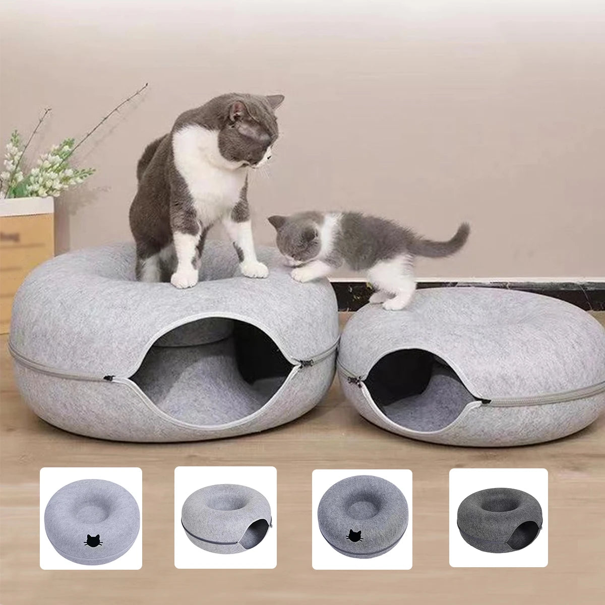 Cueva circular con túnel y cierre desmontable para gatos