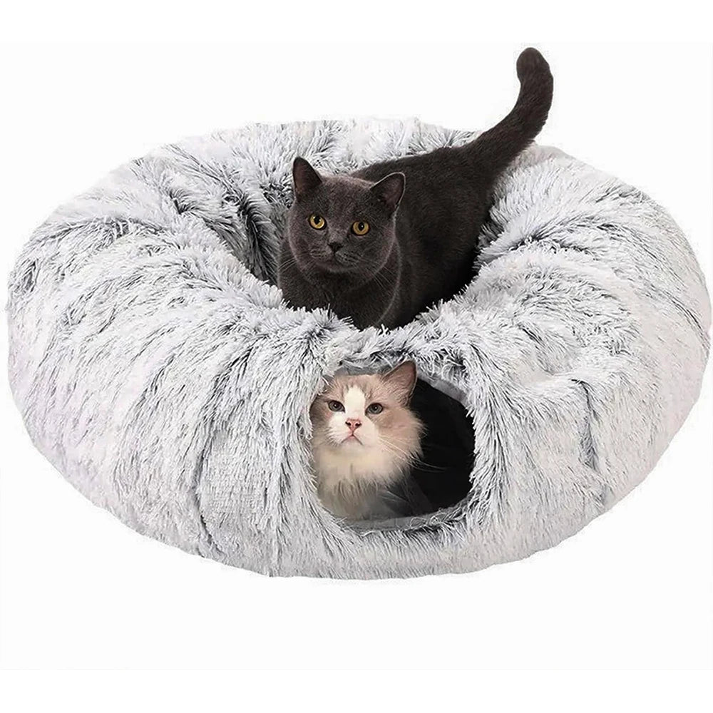 Cama de peluche con túnel circular plegable para gatos