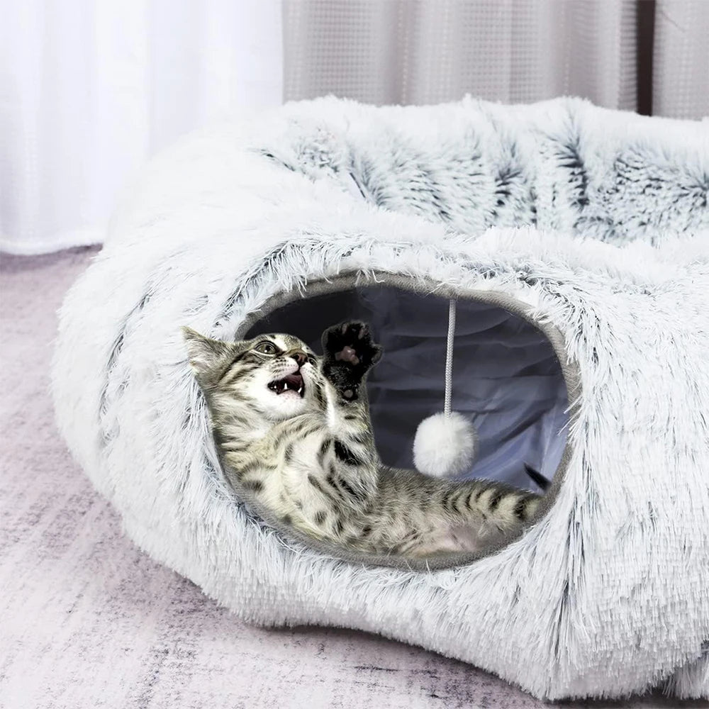 Cama de peluche con túnel circular plegable para gatos