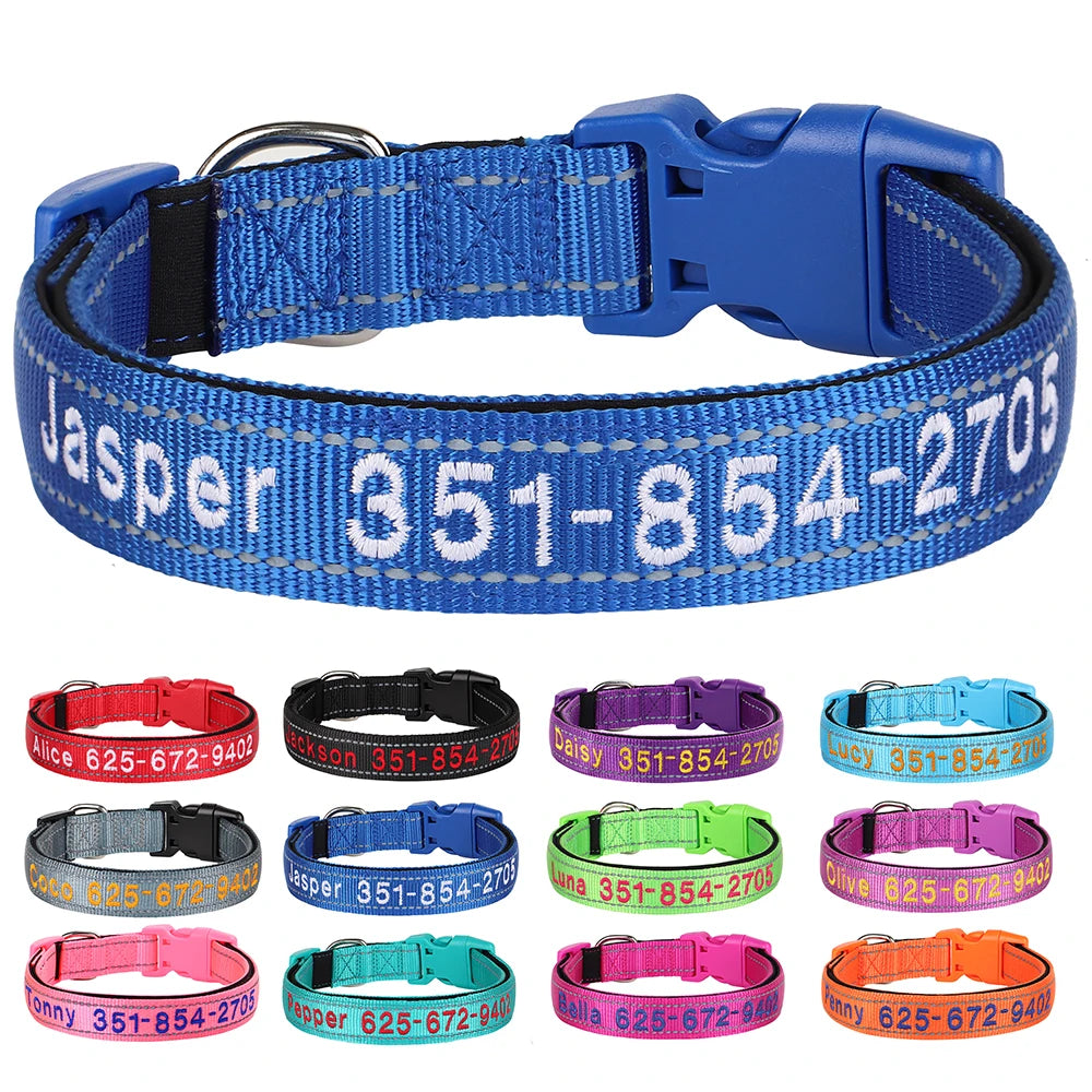 Collar reflectivo de nylon para perros con nombre bordado