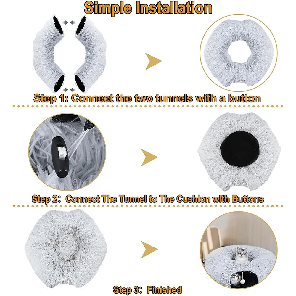 Cama de peluche con túnel circular plegable para gatos
