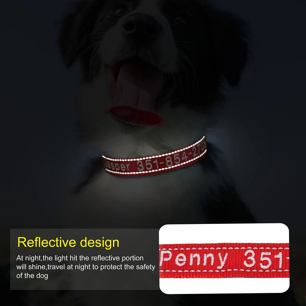 Collar reflectivo de nylon para perros con nombre bordado