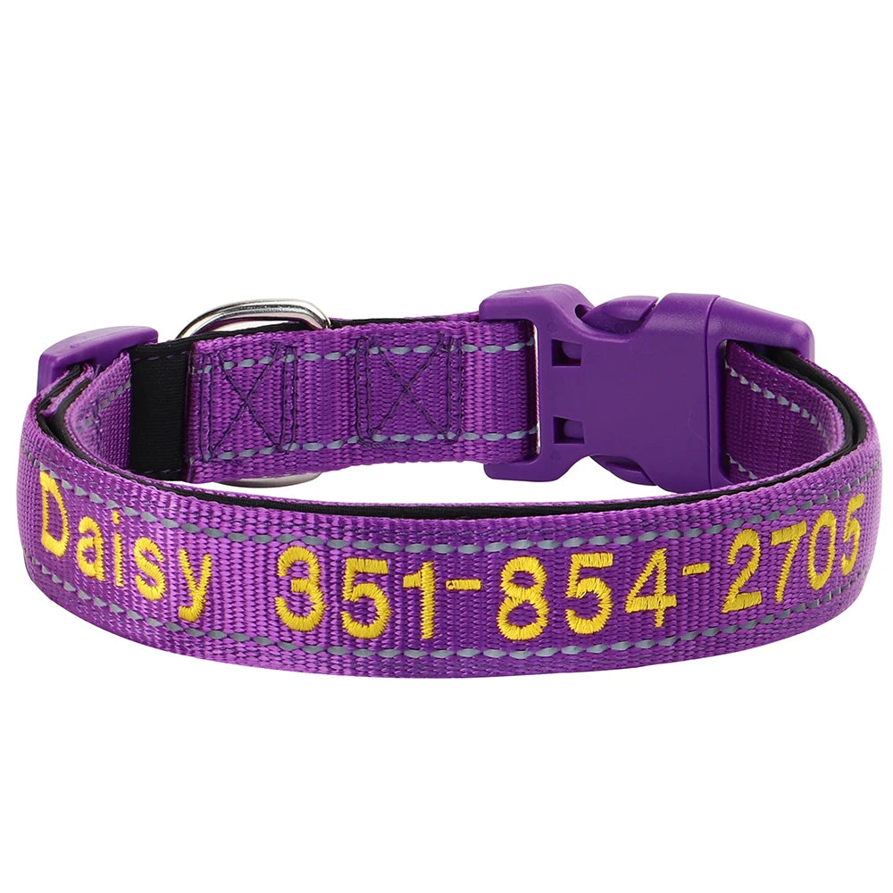 Collar reflectivo de nylon para perros con nombre bordado