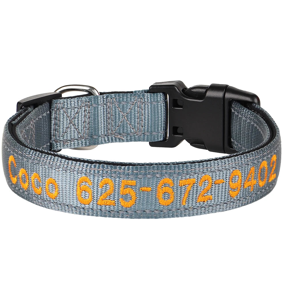 Collar reflectivo de nylon para perros con nombre bordado