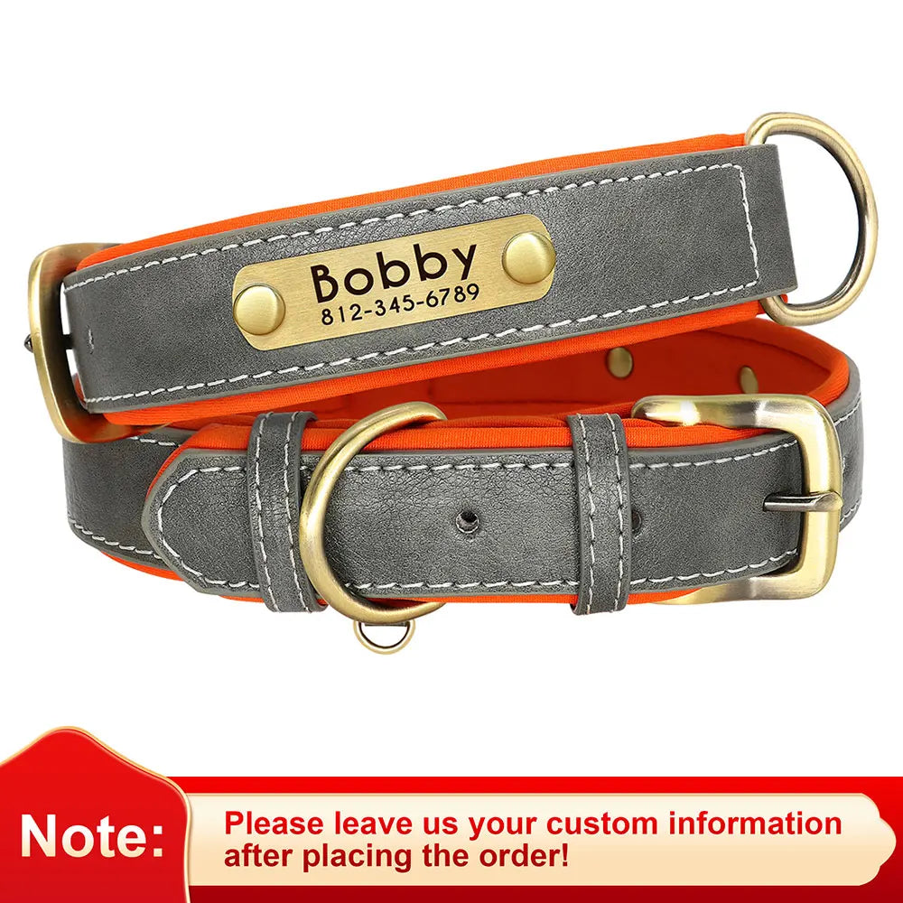 Collar acolchado de PU para perros con placa personalizable
