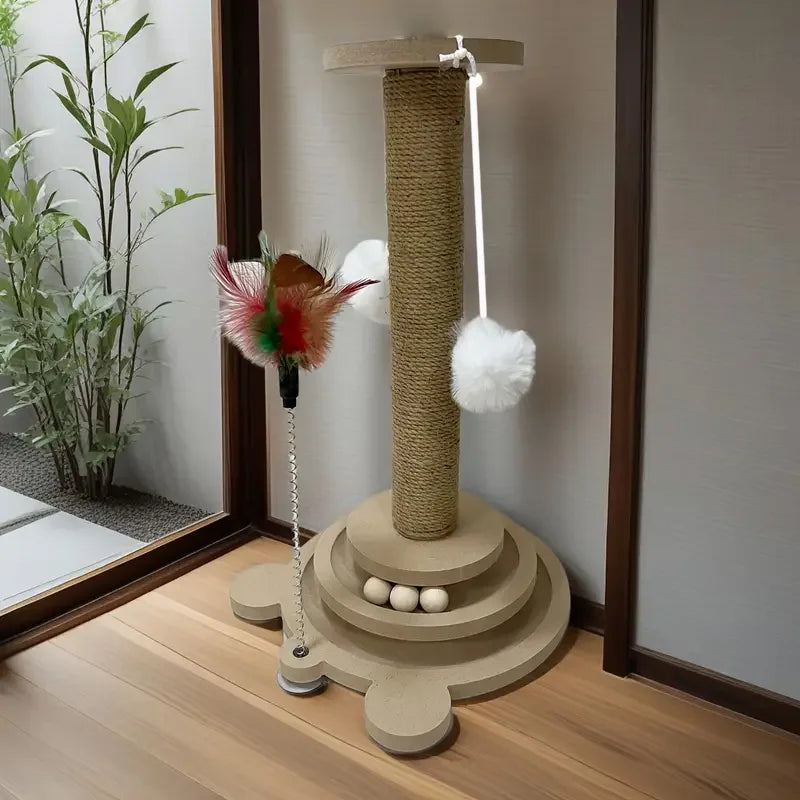 Rascador para gatos con poste de sisal y juego de pelotas