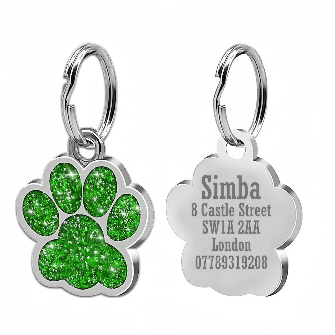 Chapita grabable para mascotas con huella y brillo