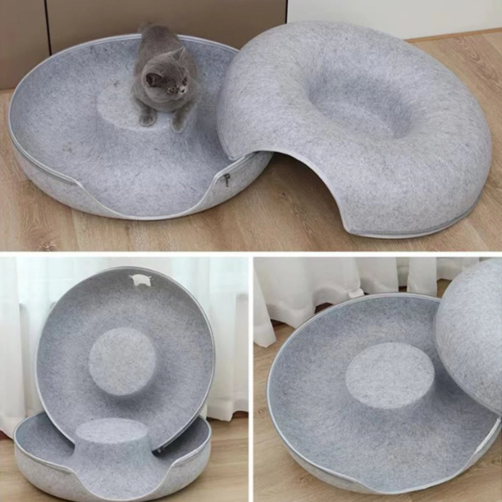 Cueva circular con túnel y cierre desmontable para gatos