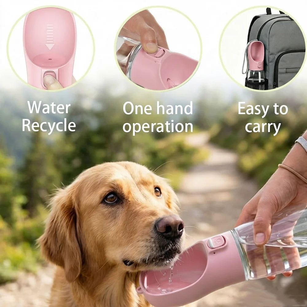 Botella portátil con bebedero y cordón para mascotas