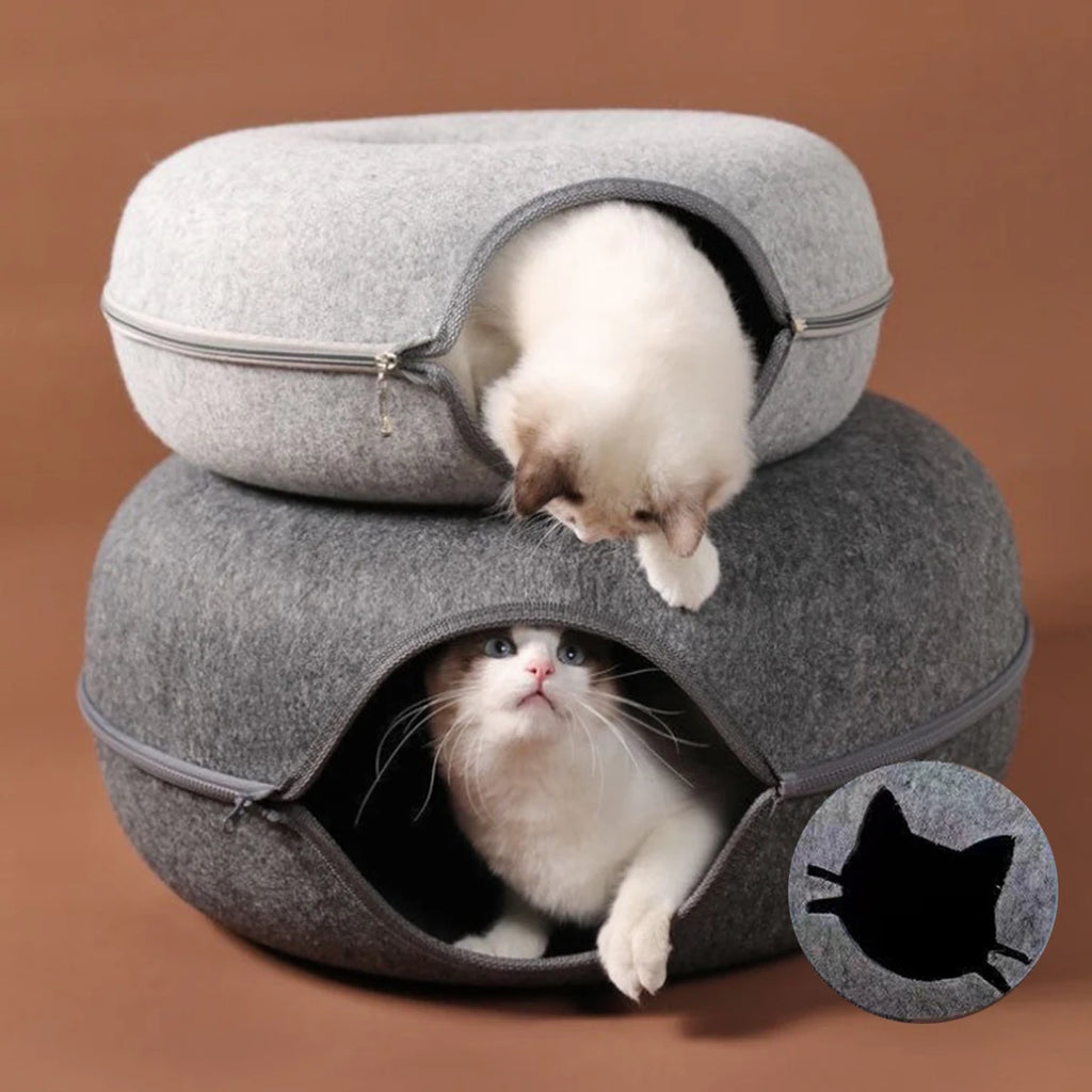 Cueva circular con túnel y cierre desmontable para gatos