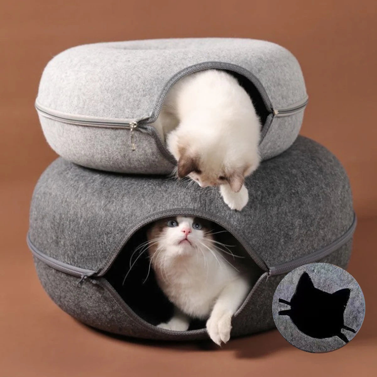 Cueva circular con túnel y cierre desmontable para gatos
