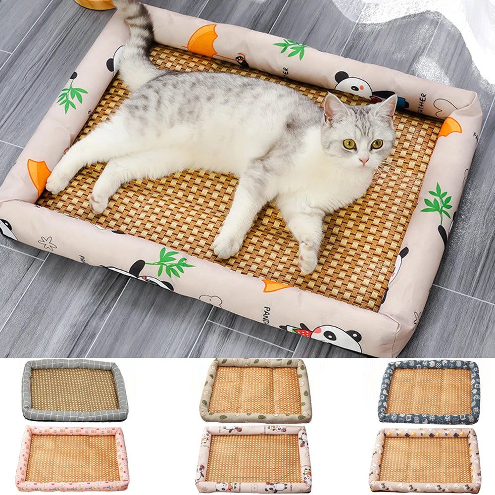 Cama de verano para mascotas con superficie tejida y apoyo