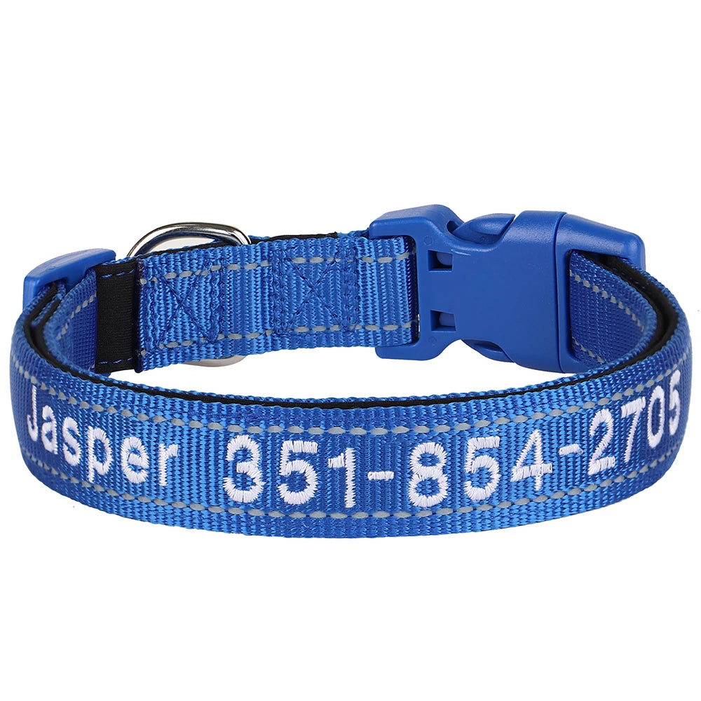 Collar reflectivo de nylon para perros con nombre bordado