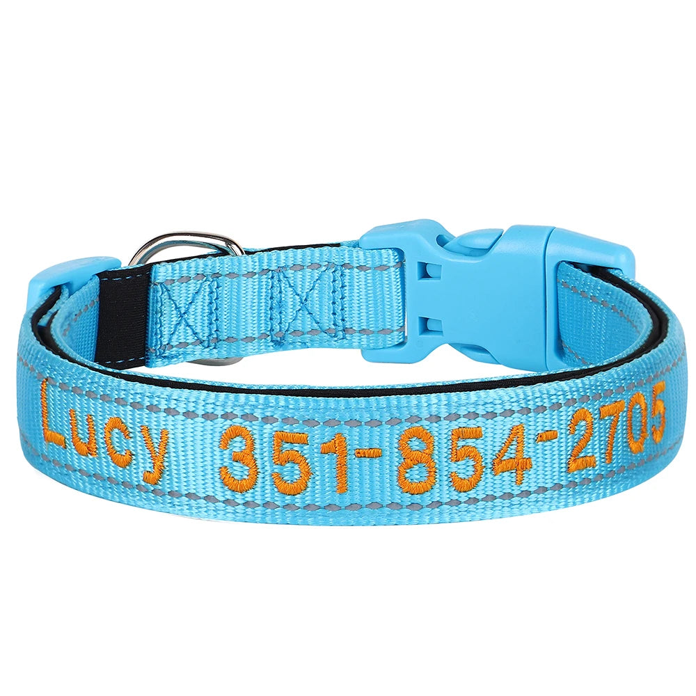 Collar reflectivo de nylon para perros con nombre bordado