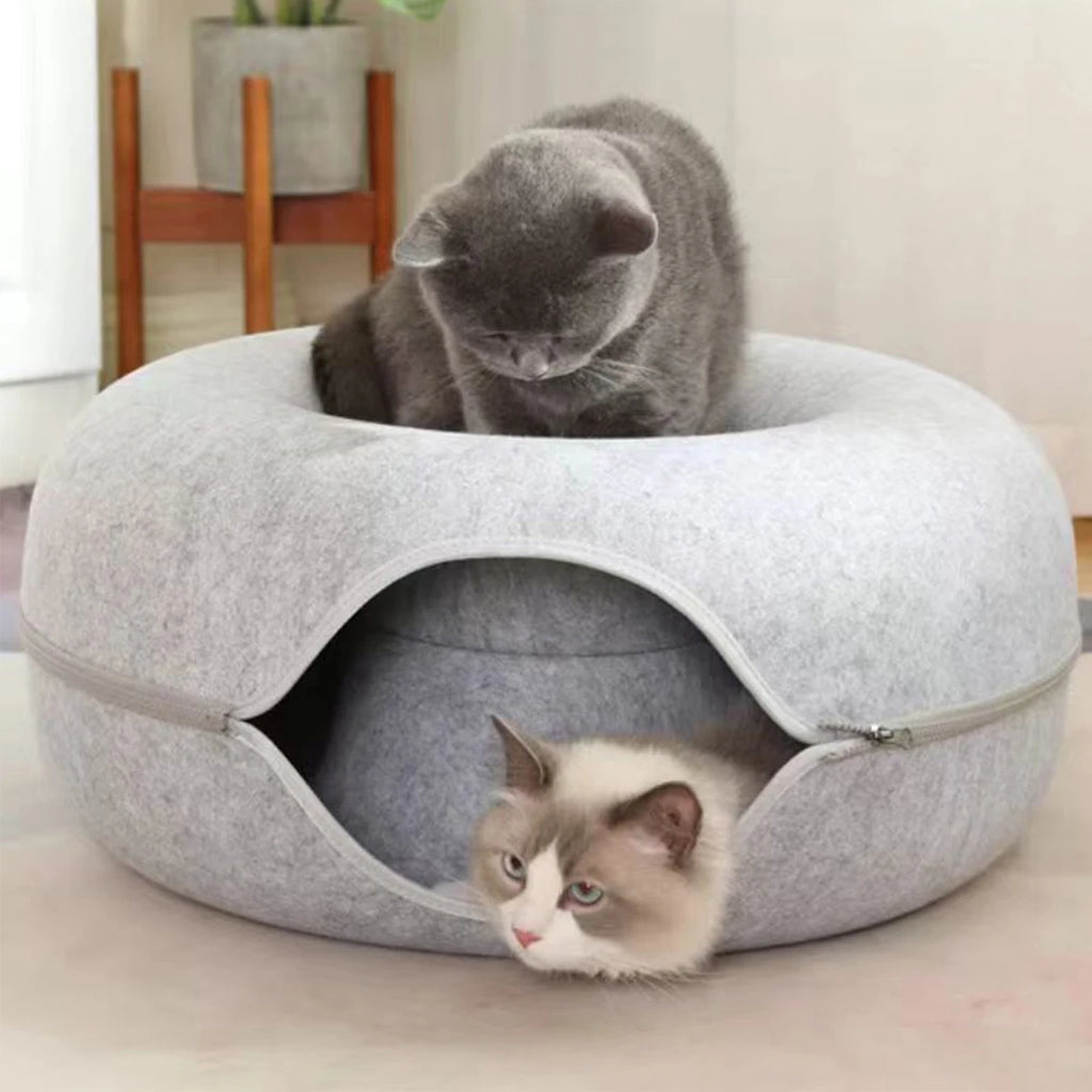 Cueva circular con túnel y cierre desmontable para gatos