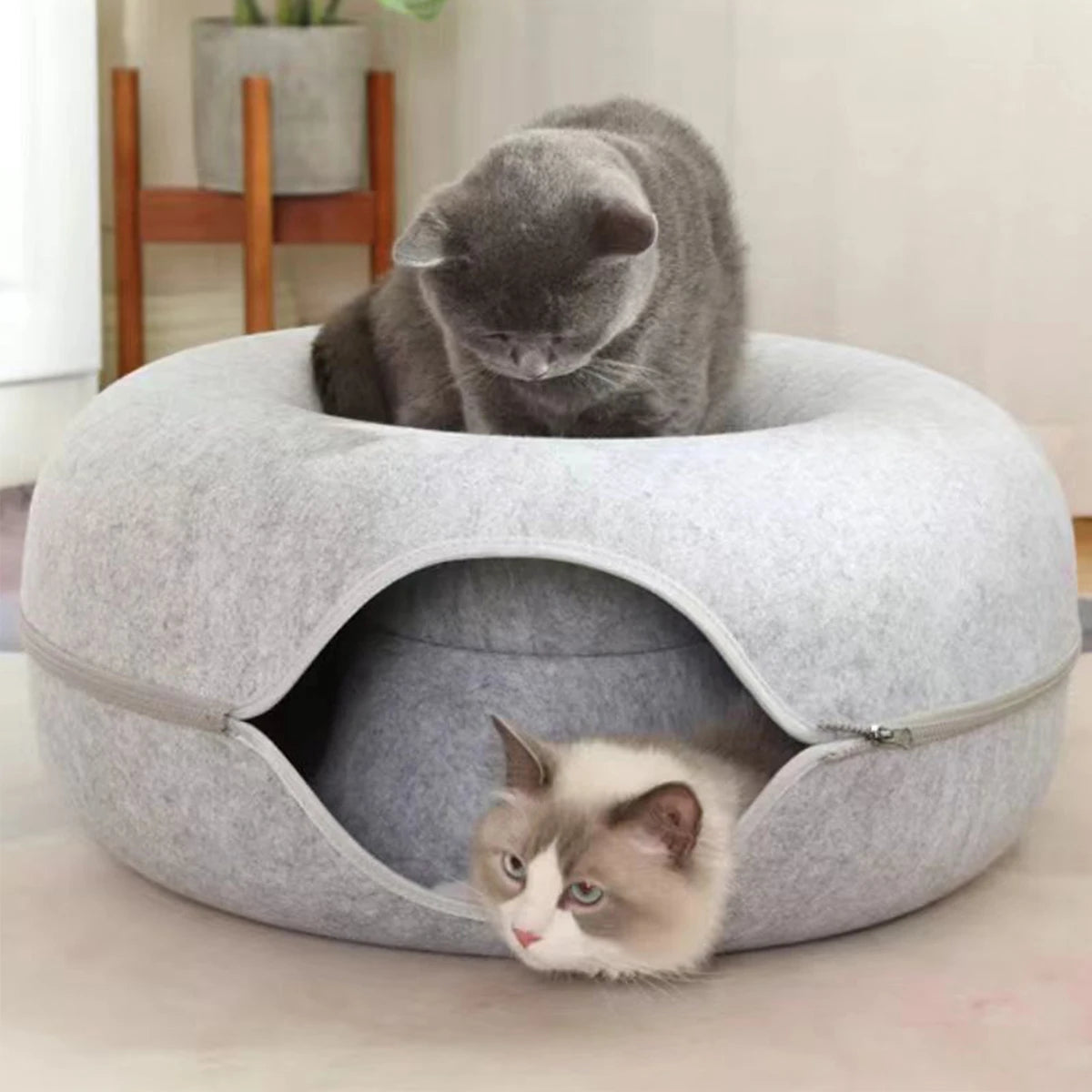 Cueva circular con túnel y cierre desmontable para gatos