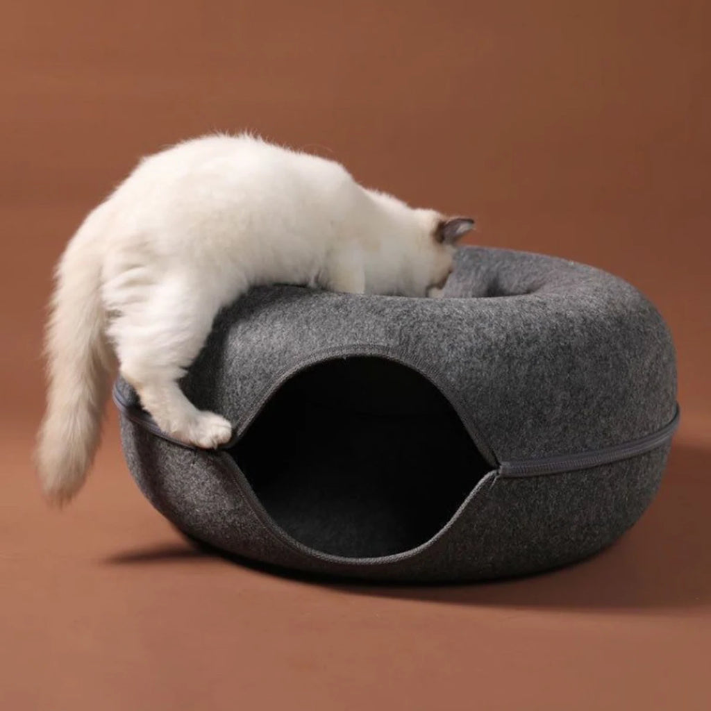 Cueva circular con túnel y cierre desmontable para gatos