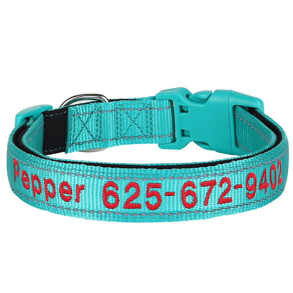 Collar reflectivo de nylon para perros con nombre bordado