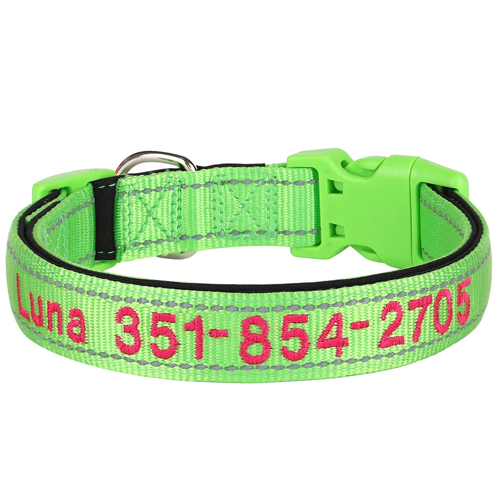 Collar reflectivo de nylon para perros con nombre bordado