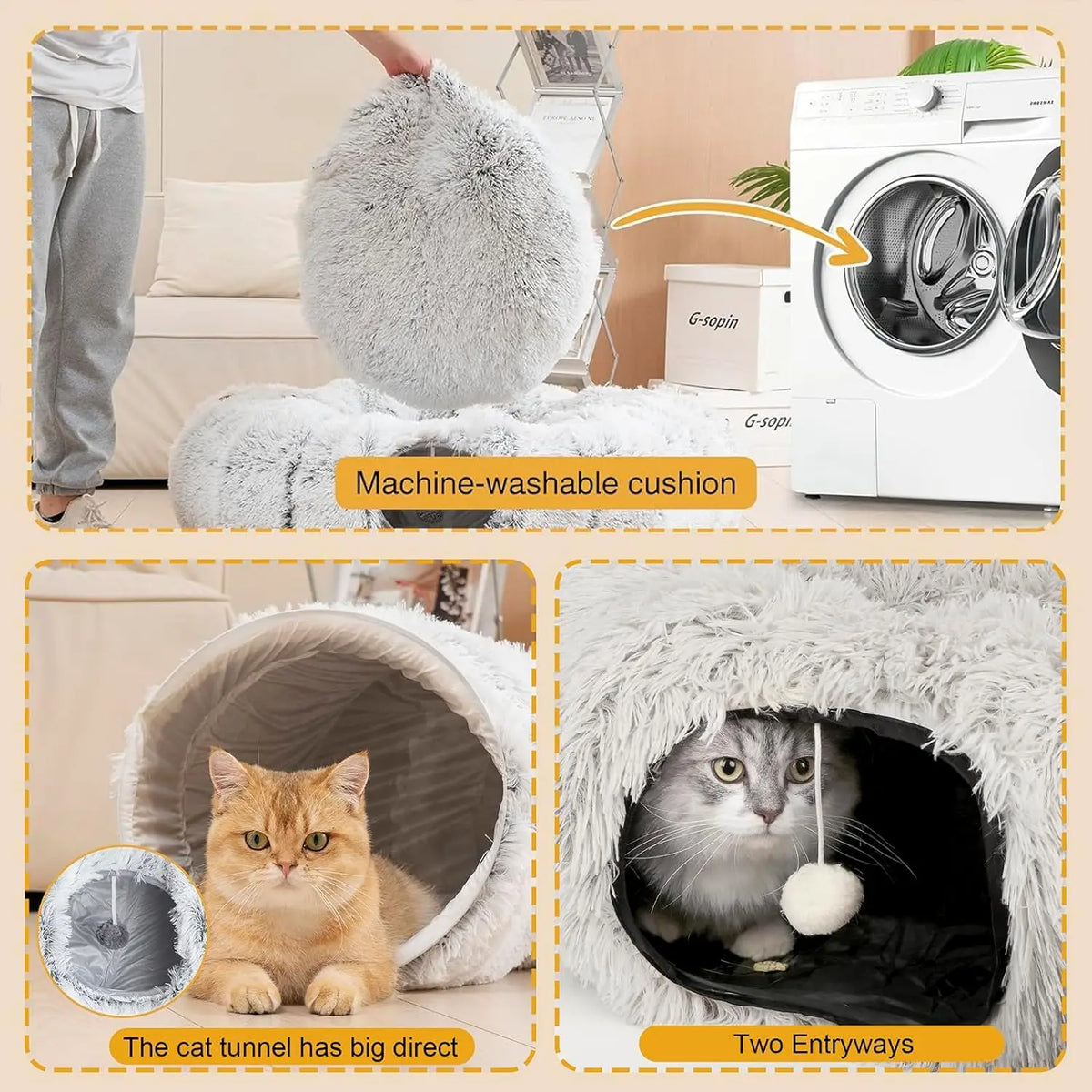 Cama de peluche con túnel circular plegable para gatos