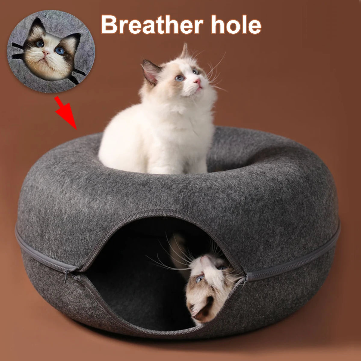 Cueva circular con túnel y cierre desmontable para gatos