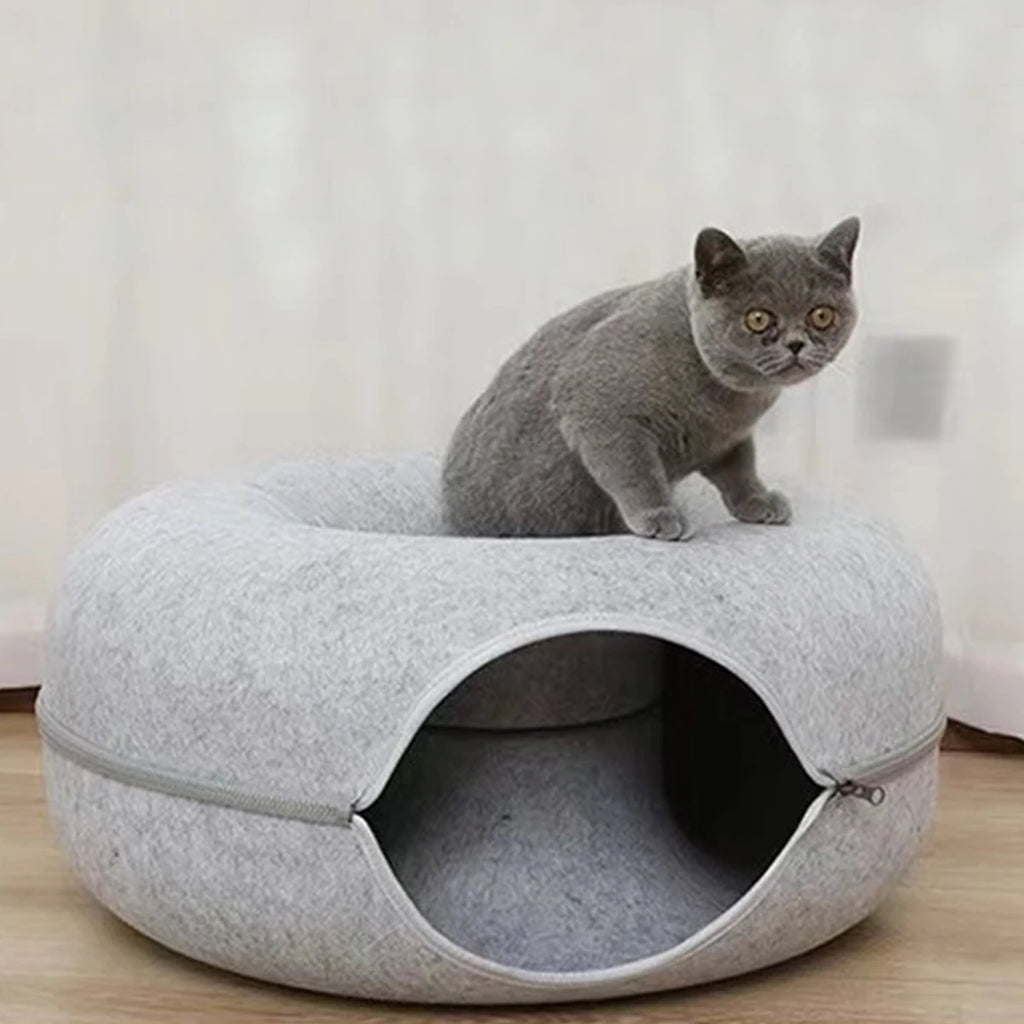 Cueva circular con túnel y cierre desmontable para gatos
