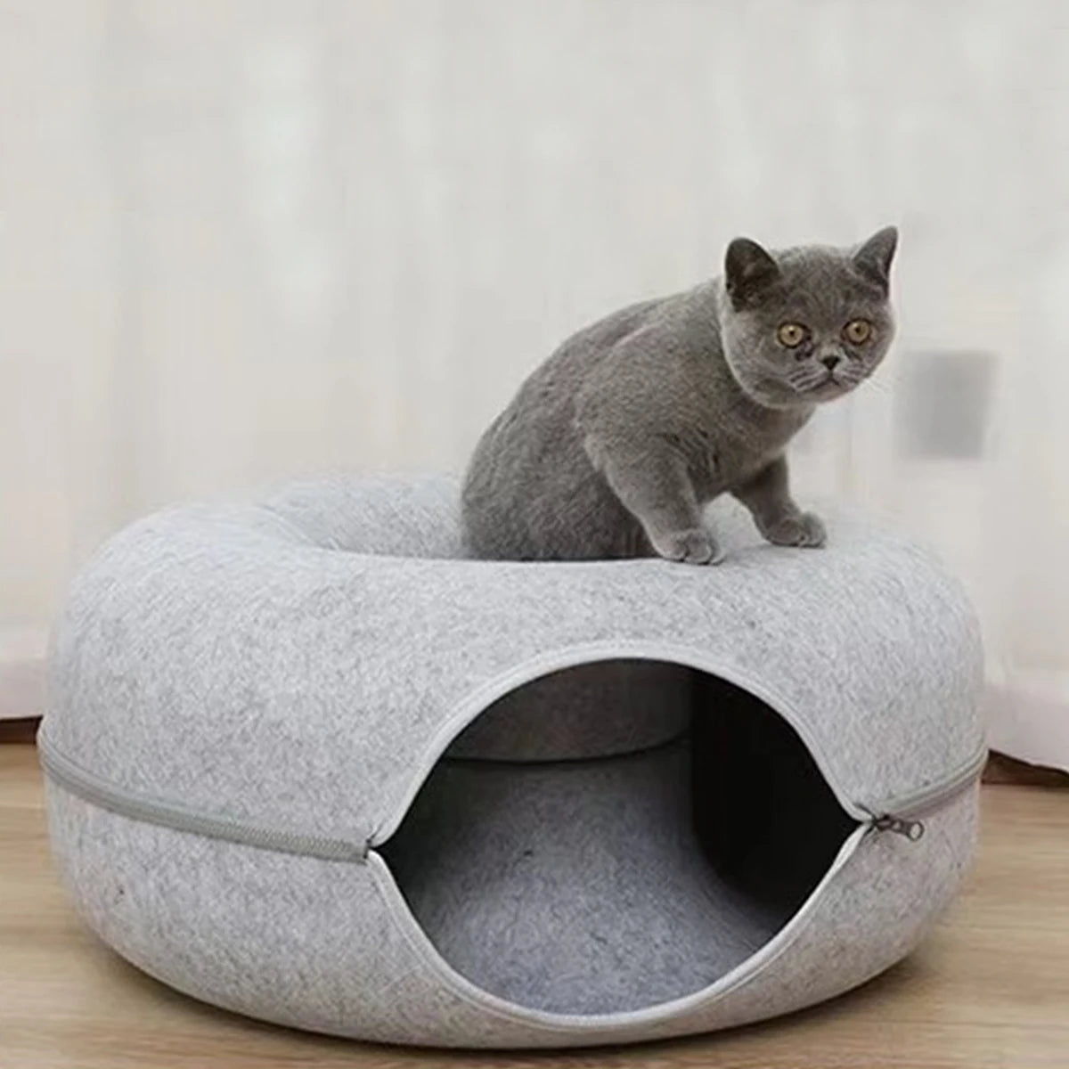 Cueva circular con túnel y cierre desmontable para gatos