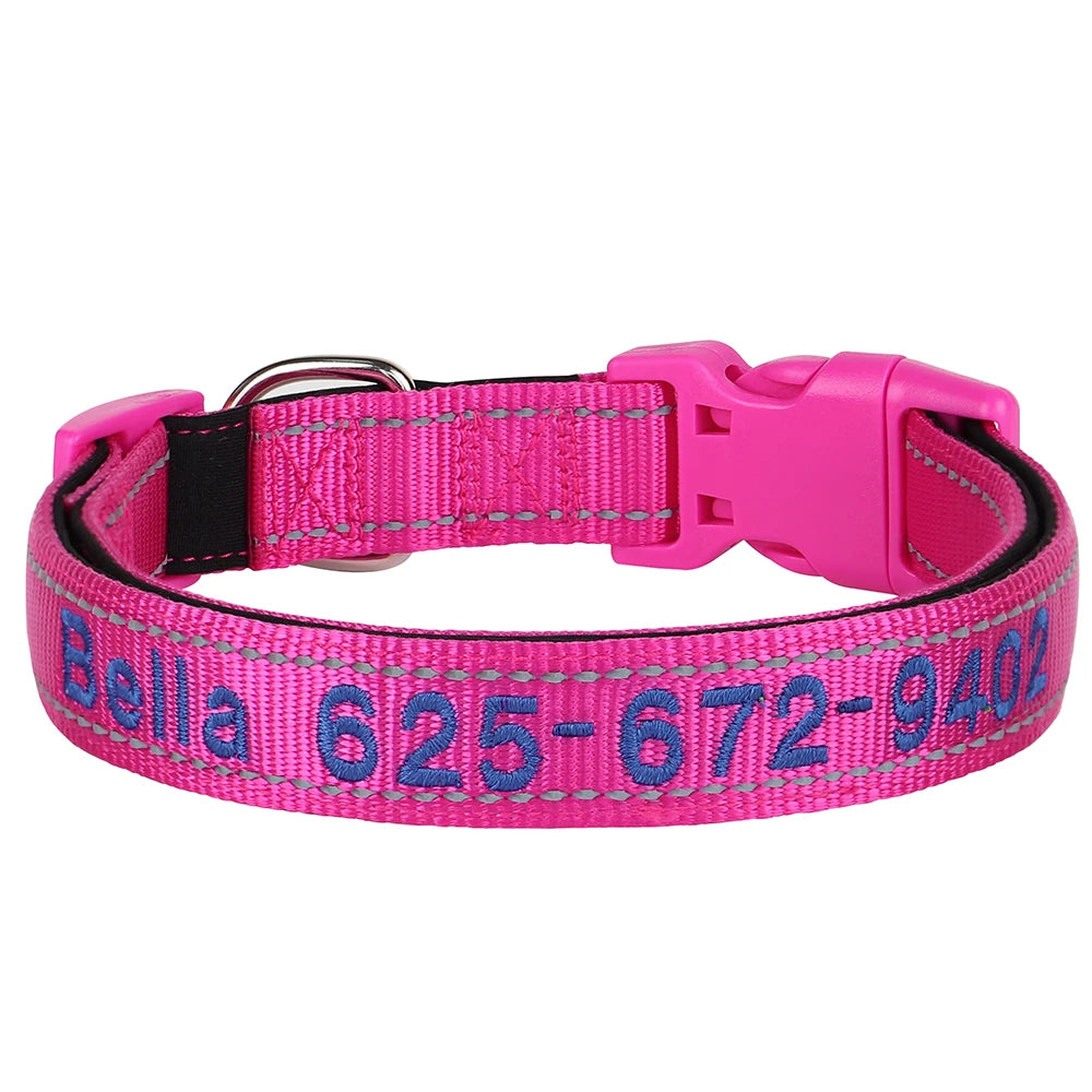 Collar reflectivo de nylon para perros con nombre bordado
