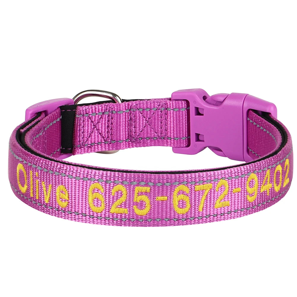 Collar reflectivo de nylon para perros con nombre bordado
