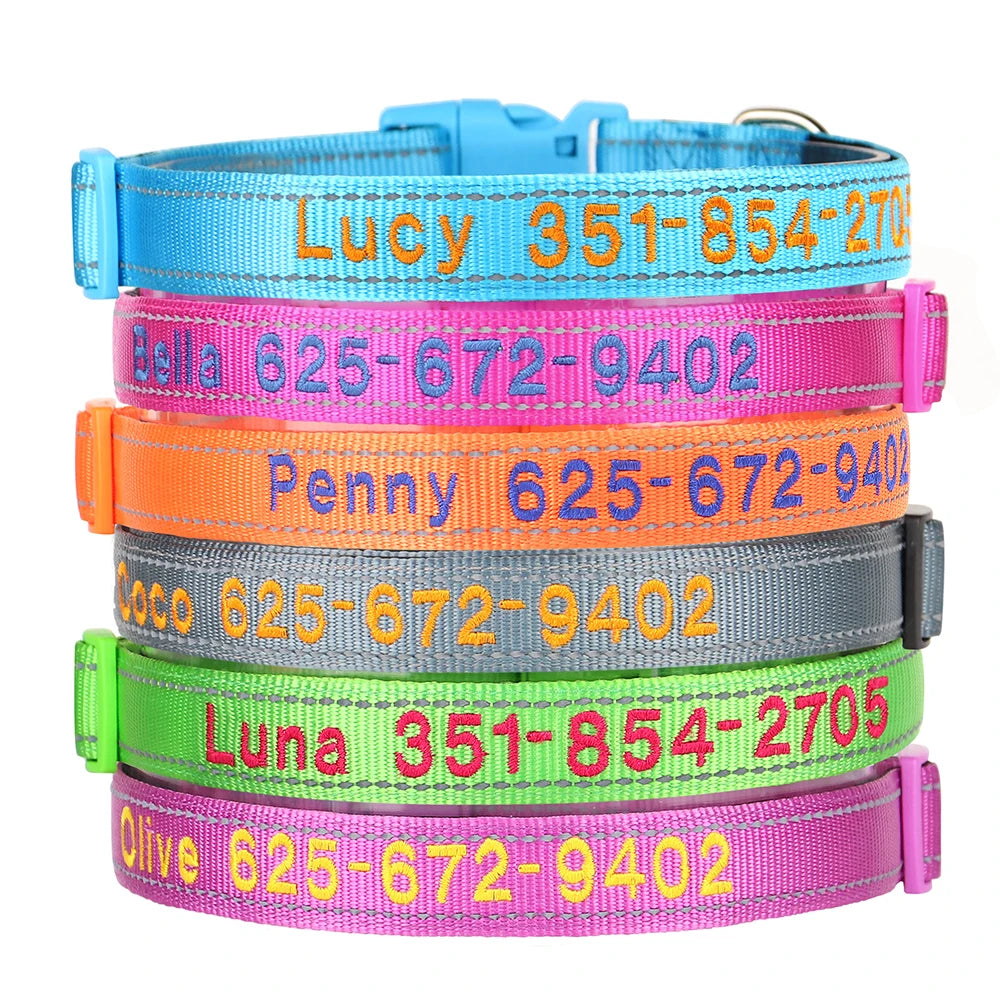 Collar reflectivo de nylon para perros con nombre bordado