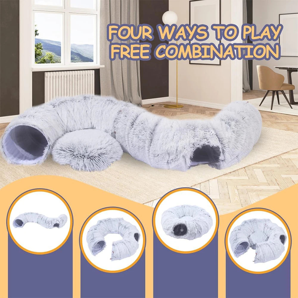 Cama de peluche con túnel circular plegable para gatos