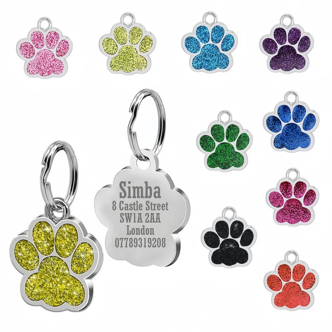 Chapita grabable para mascotas con huella y brillo