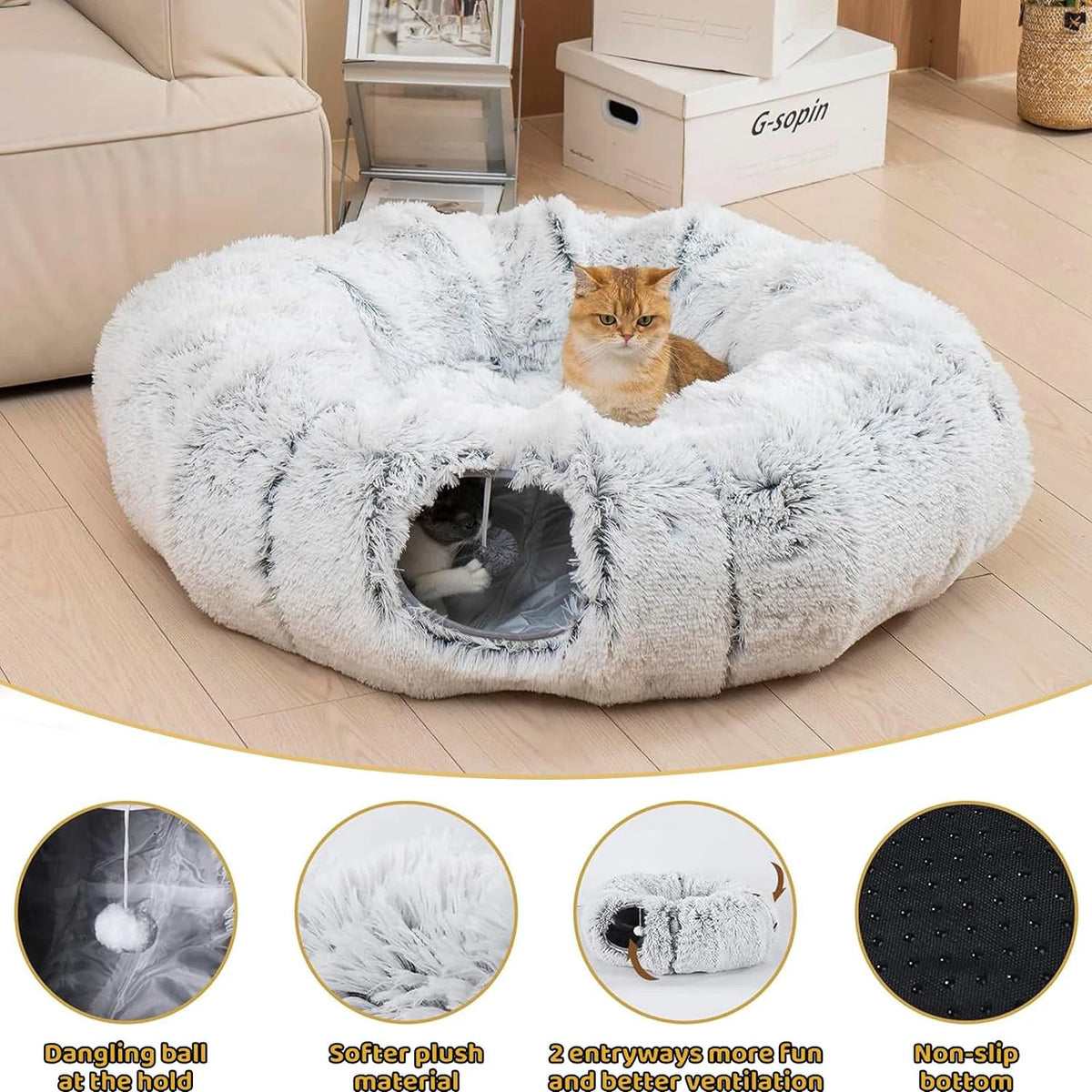 Cama de peluche con túnel circular plegable para gatos