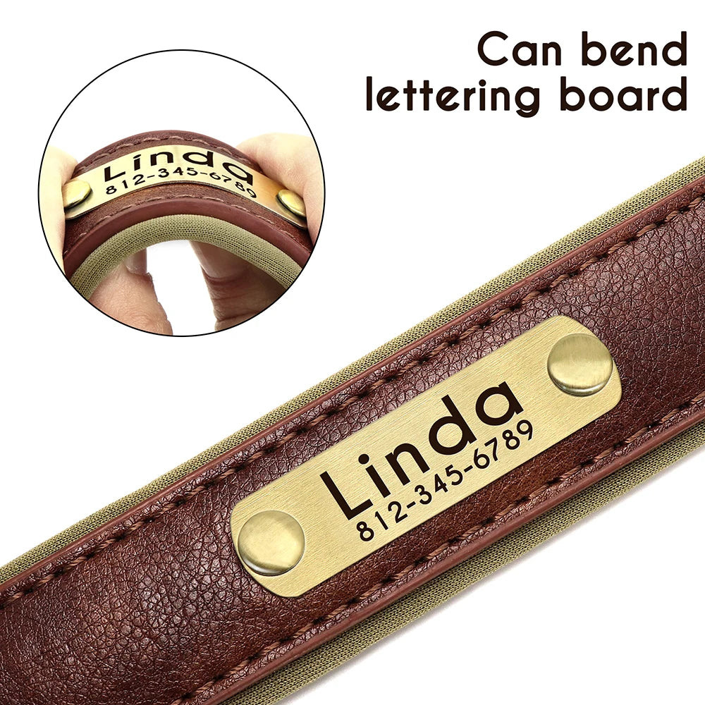 Collar acolchado de PU para perros con placa personalizable