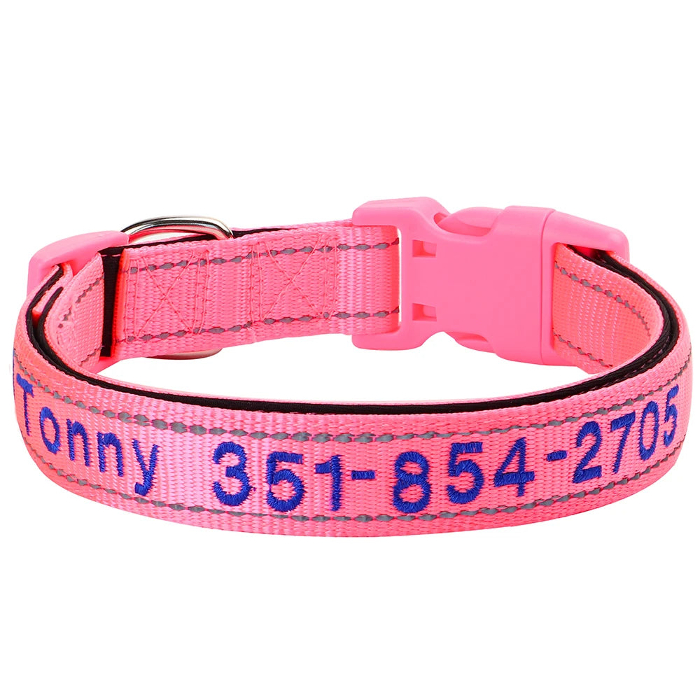 Collar reflectivo de nylon para perros con nombre bordado