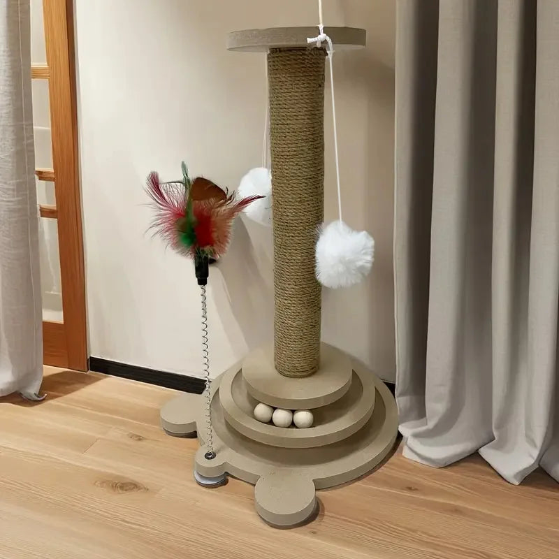 Rascador para gatos con poste de sisal y juego de pelotas