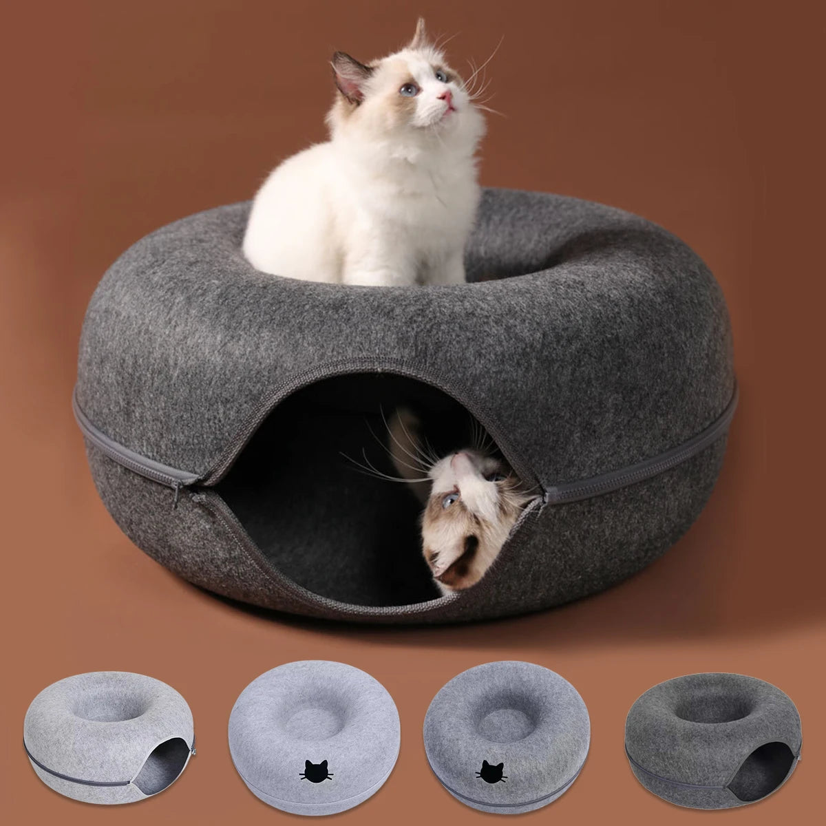 Cueva circular con túnel y cierre desmontable para gatos