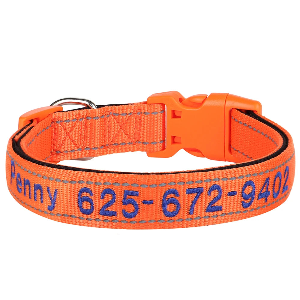 Collar reflectivo de nylon para perros con nombre bordado