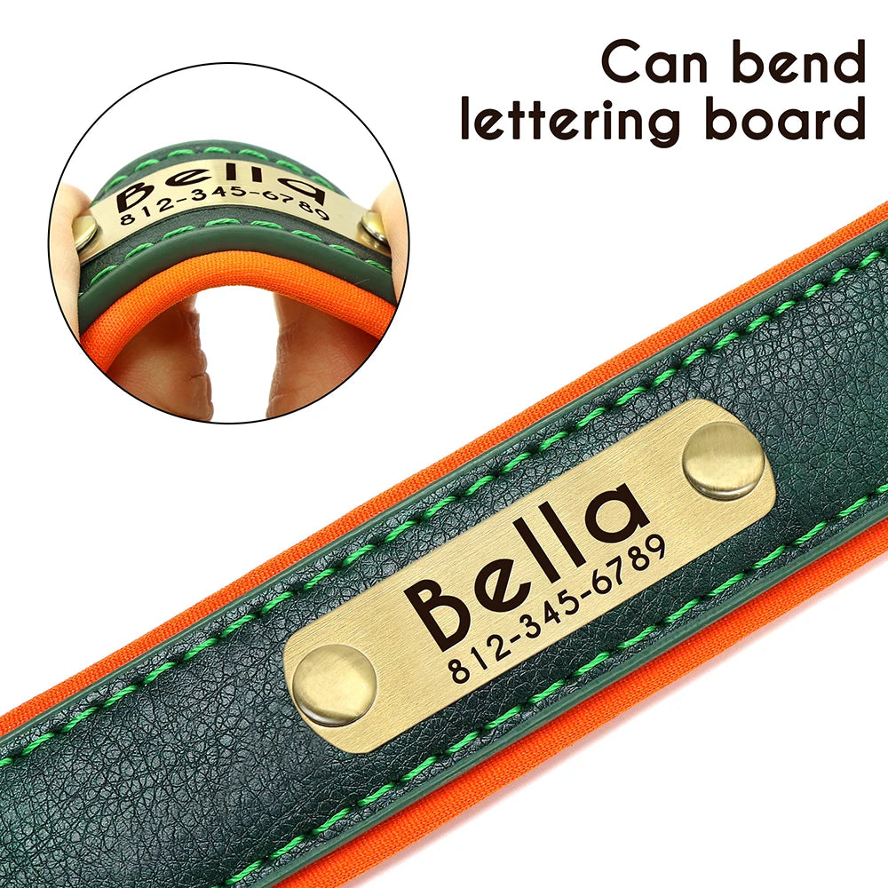 Collar acolchado de PU para perros con placa personalizable