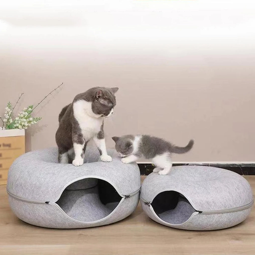 Cueva circular con túnel y cierre desmontable para gatos